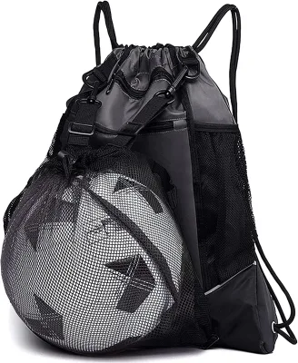 Borsa da calcio con coulisse per ragazzi Zaino da basket pieghevole Borsa sportiva Sacco da palestra con palla rimovibile Borsa in rete per pallavolo Baseball Yoga Grigio